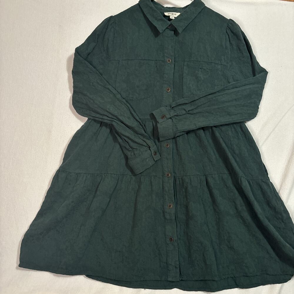 Umgee Shirt Dress Womens Small Dark Green Tiered Tunic Long Sleeve Textured